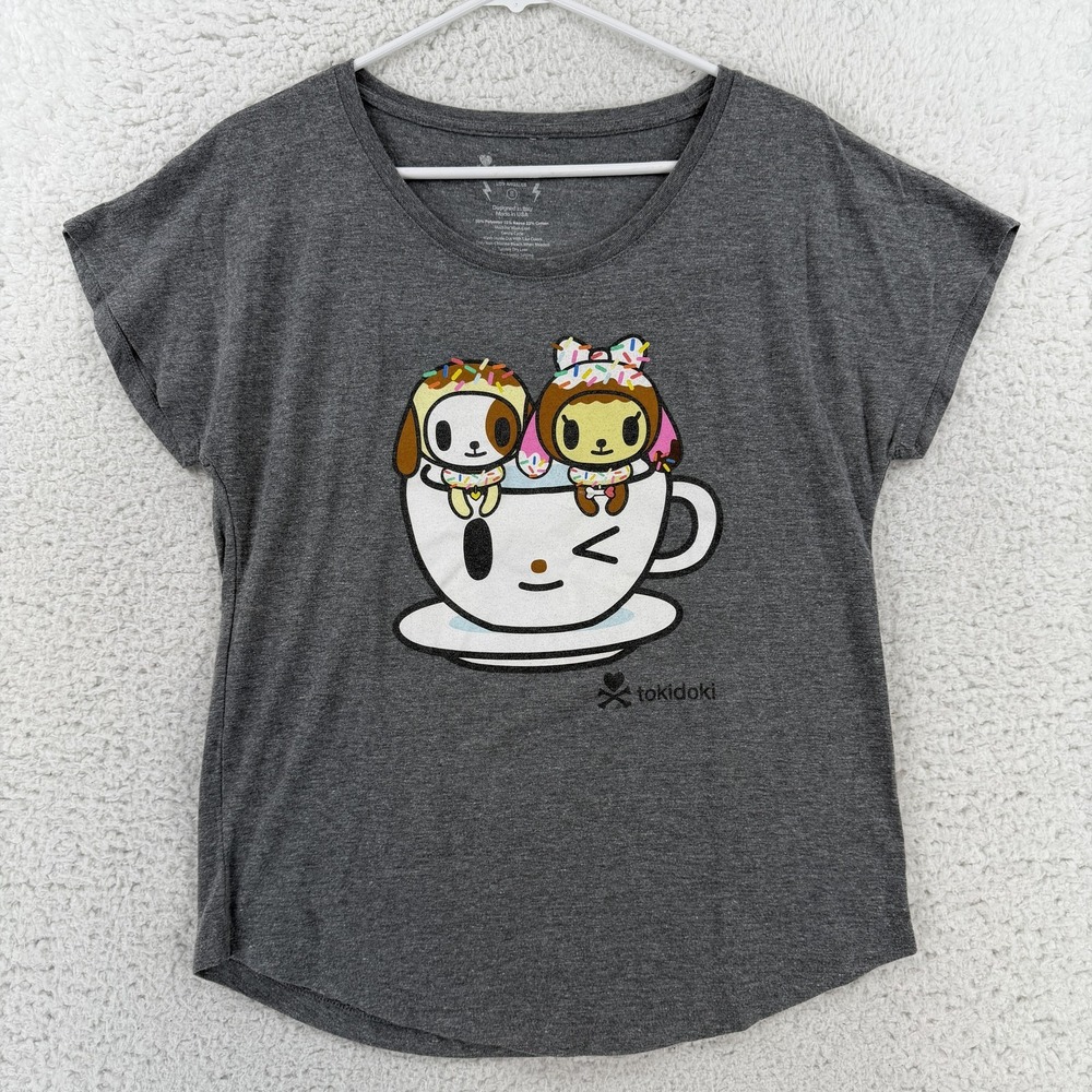 Tokidoki Shirt Womens Small Gray Scoop Neck Short Dolman Sleeve Graphic Tee Y2K